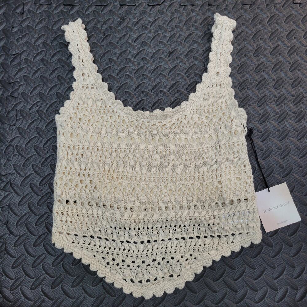 NWT Happily Grey Crochet Knit Tank Top Ivory Boho Festival Beach Cover Up Medium